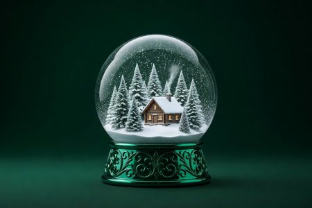 Softly lit 3D render of snow globe on deep emerald